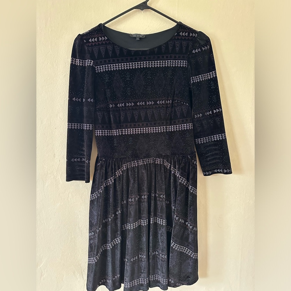 Topshop black velvet midi swing dress with geometric print, size 4 EU36
